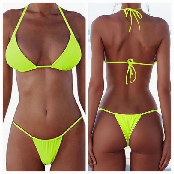 🔸️NIB Neon Yellow Brazilian String Bikini Small - Picture 1 of 14